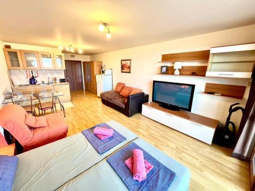 a living room with a couch and a tv at Julia Vigo Panorama apartments in Nesebar