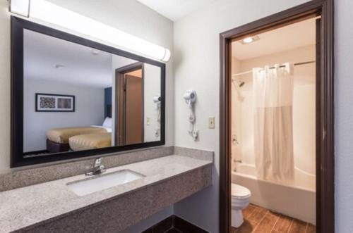 a bathroom with a sink and a toilet and a mirror at Quality Inn Farmington in Farmington
