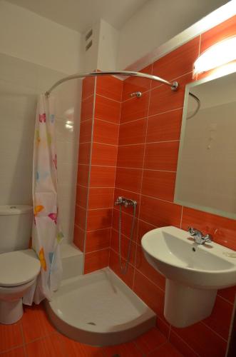 a bathroom with a shower and a sink and a toilet at Mavroforos Hotel in Agios Nikolaos