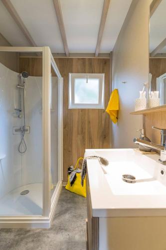 une salle de bain avec douche et lavabo dans l'établissement Camping White Rock, à Castellane