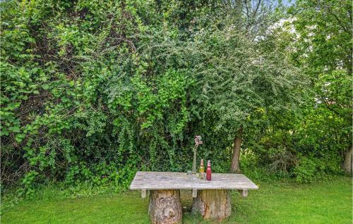 a picnic table sitting on logs in front of a tree at Stunning Home In Østermarie With Wifi in Østermarie