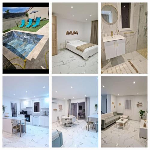 un collage de quatre photos d'une chambre d'hôtel dans l'établissement Villa 4 pièces avec petite Piscine, à Vedène