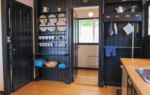 a kitchen with black walls and a door with plates and pans at Awesome Home In Gudhjem With Wifi in Gudhjem