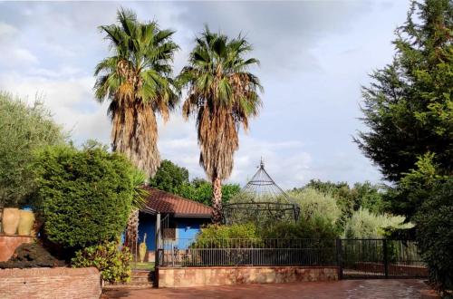 a house with two palm trees and a fence at Villa Hephaestus Etna - with private pool in Ragalna