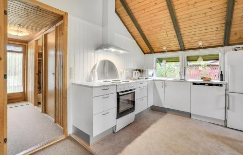 a kitchen with white appliances and a wooden ceiling at Holiday Home Silkeborg 11 Denmark in Abildskov