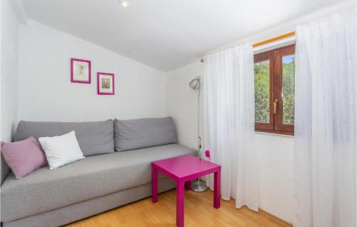 オミサリにある1 Bedroom Cozy Apartment In Omisaljのリビングルーム(ピンクのテーブルとグレーのソファ付)