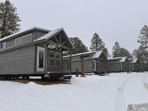 a row of modular homes in the snow at Cozy Cabins with a mountain view 2A in Williams