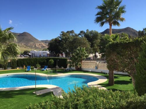 einen Pool mit Palmen und Bergen im Hintergrund in der Unterkunft Hotel Agades in San José