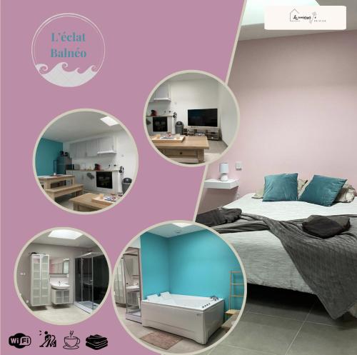 a collage of four pictures of a bedroom at L'éclat balnéo in Malo-les-Bains