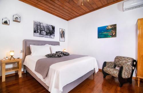 a bedroom with a bed and a chair at Mikros Paradisos Pelion in Áyios Vlásios