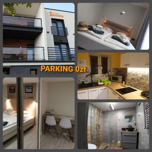 a collage of photos of a kitchen and a room at Pokoje Sandra I in Łeba