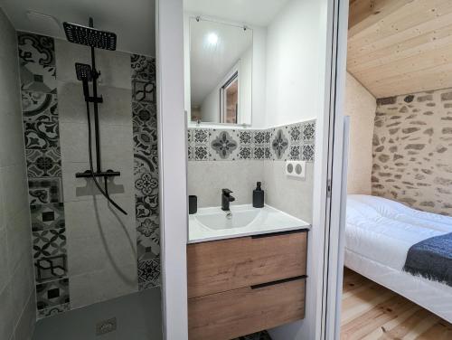 une petite salle de bain avec un lavabo et une douche dans l'établissement La ptite maison, à Chaspinhac
