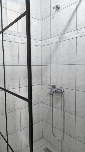 a white shower with a hose in a bathroom at Polyxeni Apartments & Rooms in Qeparo