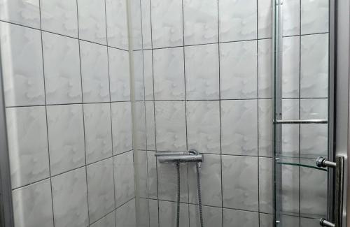 a bathroom with a shower with a glass door at Polyxeni Apartments & Rooms in Qeparo