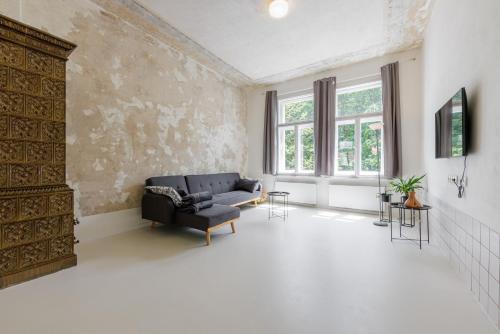 salon z kanapą i kominkiem w obiekcie Design Apartment in the Heart of Karlovy Vary w Karlowych Warach