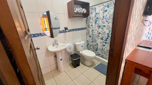 a small bathroom with a sink and a toilet at Hotel Palmazul - Viña del Mar in Omoa