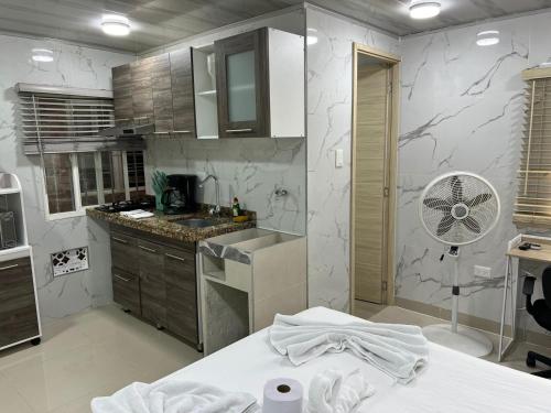 a kitchen with a sink and a counter top at Hotel Orduz Centro Histórico de Cali in Cali