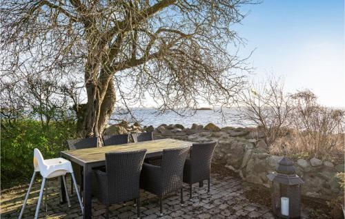 a wooden table and chairs with a tree and water at 2 Bedroom Amazing Home In Otterup in Otterup