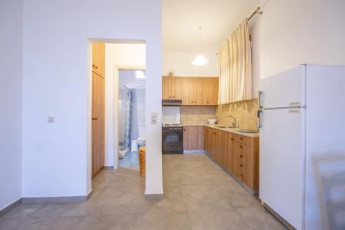 a kitchen with wooden cabinets and a white refrigerator at Liogerma Art Deco Villa - 5 min drive to Lassi in Sarlata