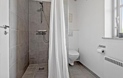 a bathroom with a shower with a toilet and a shower curtain at Gorgeous Home In Stubbekøbing With Wifi in Stubbekøbing