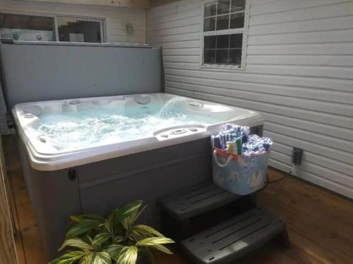 a jacuzzi tub in a backyard with a potted plant at Charming 4-Bedroom Family Haven in Saint Augustine