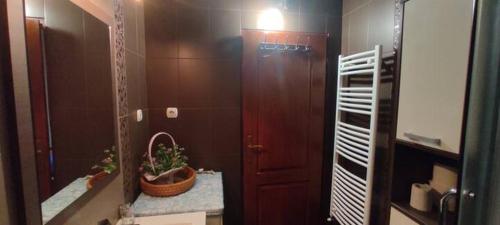 a bathroom with a red door and a mirror at Apartman Irena in Mali Mokri Lug