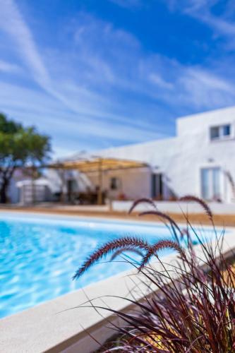 a blue swimming pool with a house in the background at La Quinta da Liberdade - Ferme de charme en Algarve in Pechão