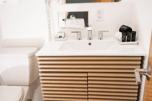 a bathroom with a sink and a toilet at Endless Dunes, A Modern Motel in Eastham