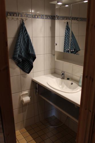 a bathroom with a sink and a mirror at Rinnetupa Apartment in Tahkovuori