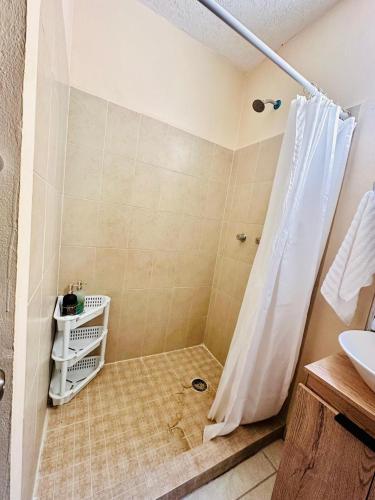 a bathroom with a shower and a sink at Departamento completo en Acapulco Diamante in La Sabana