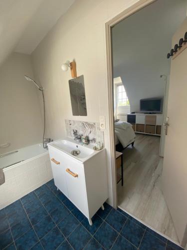 une salle de bain avec un lavabo et un miroir dans l'établissement Maison vue Rance, à Saint-Samson-sur-Rance