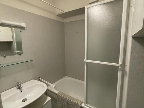 une salle de bain avec une douche, un lavabo et des toilettes dans l'établissement Appartement T2 cabine avec balcon, face aux pistes, exposé sud, commerces à proximité - FR-1-787-29, à Laveissière