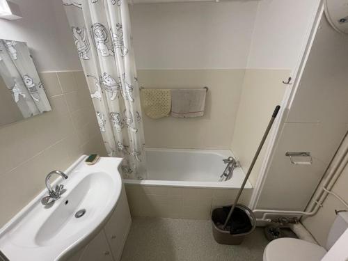 une salle de bain blanche avec un lavabo et une baignoire dans l'établissement Studio cosy à Laveissière près des pistes, 2 lits superposés et lit rabattable, parfait pour l'hiver - FR-1-787-8, à Laveissière
