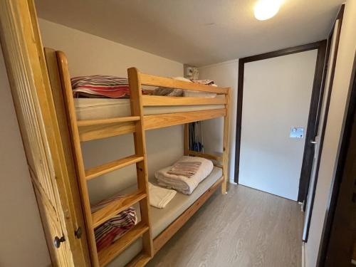Cette chambre comprend 2 lits superposés et une porte. dans l'établissement Charmant studio avec balcon, au pied des pistes et commerces - FR-1-787-24, à Laveissière