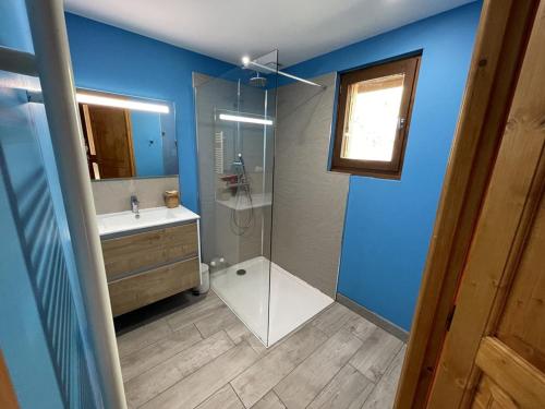 a bathroom with a glass shower and a sink at Duplex rénové 2 chambres, proche pistes, navette et gare, avec wifi et équipements complets - FR-1-787-4 in Laveissière