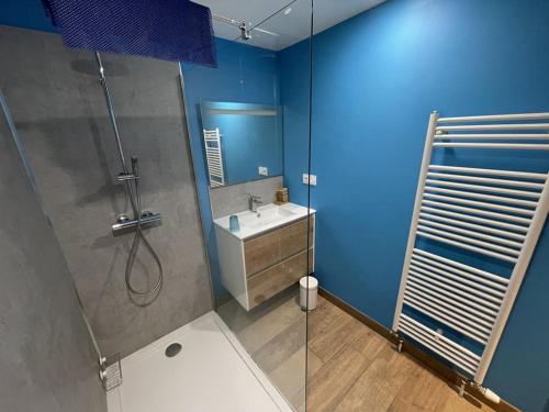 une salle de bain bleue avec une douche et un lavabo dans l'établissement Chalet cosy 50m² avec WiFi à 300m des pistes, 2 chambres, casier à skis, proche gare et navette - FR-1-787-12, à Laveissière