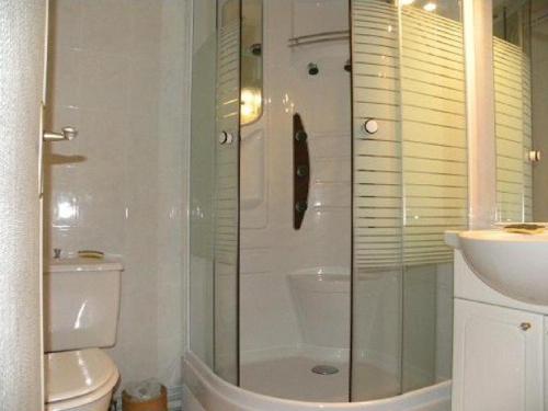 ein Badezimmer mit Dusche, Toilette und Waschbecken in der Unterkunft Appartement cosy avec balcon, accès direct piste et parking privatif - FR-1-787-20 in Laveissière