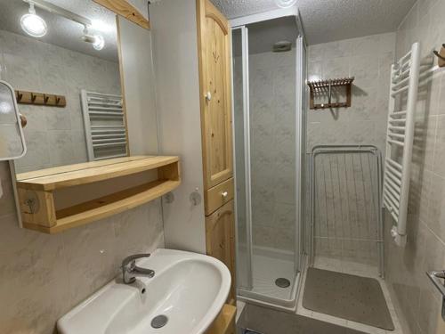 une salle de bain avec un lavabo et une douche dans l'établissement Studio-cabine-mezzanine exposé sud avec navette gratuite, casier à skis et tout confort - FR-1-787-28, à Laveissière