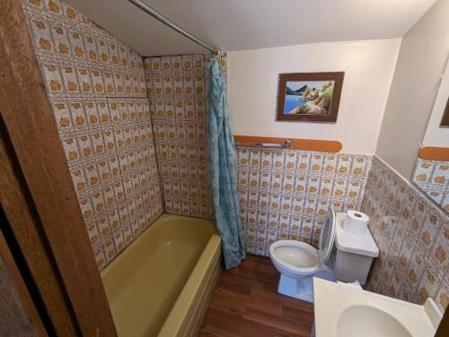 ein Badezimmer mit Badewanne, Toilette und Waschbecken in der Unterkunft Tiny Wood Cottage 11 in Wasaga Beach