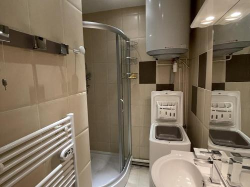 ein Badezimmer mit Dusche, Toilette und Waschbecken in der Unterkunft Studio rénové avec balcon, au pied des pistes, accès WIFI - FR-1-787-53 in Laveissière