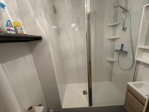 une douche avec une porte vitrée dans une salle de bain dans l'établissement Charmant studio exposé plein sud face aux pistes, idéal pour 4 pers., animaux bienvenus - FR-1-787-62, à Laveissière