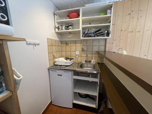 une petite cuisine avec un évier et un comptoir dans l'établissement Studio avec balcon au centre station, proche pistes et patinoire - FR-1-787-46, à Laveissière