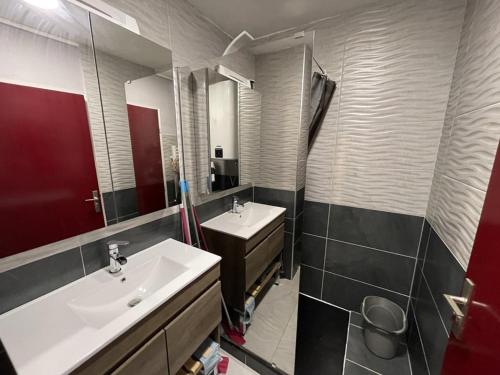 ein Badezimmer mit zwei Waschbecken und einem Spiegel in der Unterkunft Appartement T2 cabine avec balcon, accès piste, parking, animaux bienvenus - FR-1-787-69 in Laveissière