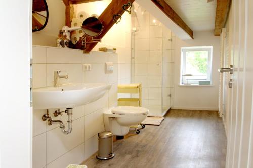 a bathroom with a toilet and a sink at Välkommen in Stralsund