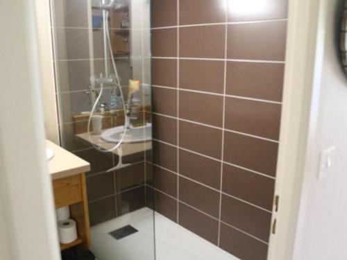 une salle de bain avec douche et lavabo dans l'établissement Studio cosy 2/3 pers, 200m pistes, wifi, parking, animaux ok - FR-1-787-49, à Laveissière