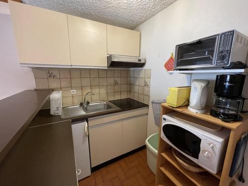 une petite cuisine avec un évier et un micro-ondes dans l'établissement Duplex 6/8 pers. avec balcon en plein centre, proche des pistes et commerces - FR-1-787-52, à Laveissière