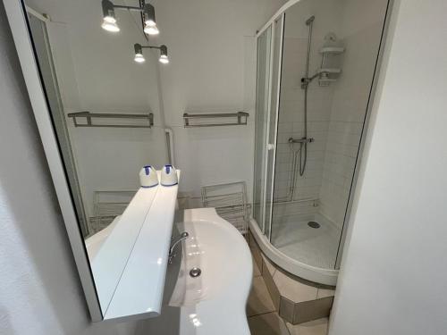 une salle de bain avec toilettes, douche et miroir dans l'établissement Studio 4 Pers. au Centre de la Station avec Wifi et Animaux Admis - FR-1-787-73, à Laveissière