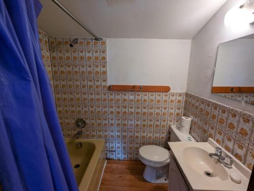 un bagno con un water, un lavandino e una vasca di Tiny Wood Cottage 12 a Wasaga Beach