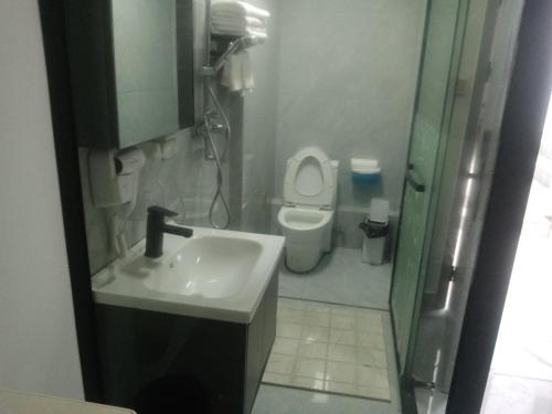 a bathroom with a sink and a toilet at 窑屋民宿 in Huangtuhe