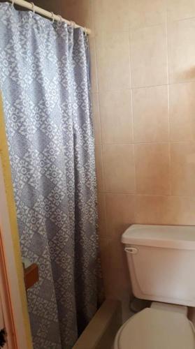 a bathroom with a shower curtain and a toilet at Apartamento División del Norte Planta Alta in Matamoros